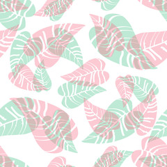Fototapeta na wymiar Blue and pink tropical leaves white seamless pattern. Wrapping paper, fabric print texture.