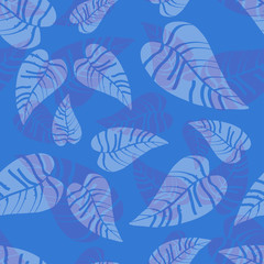 Fototapeta na wymiar Blue transparent tropical leaves seamless pattern. Wrapping paper, fabric print texture.
