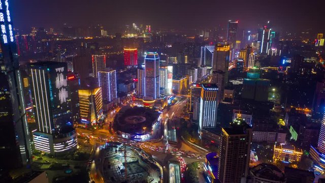 night time illumination changsha city downtown traffic streets aerial timelapse panorama 4k china
