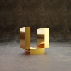 Pixel letter U lowercase. Golden glossy font on dark leather background. © Whitebarbie