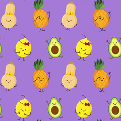 kawaii fruits pattern set with face expression on dark purple color background vector illustration.