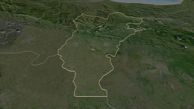 Salcedo, province with its capital, zoomed and extruded on the satellite map of Dominican Republic in the conformal Stereographic projection. Animation 3D