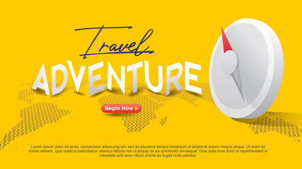 travel adventure abstract compas with dot world map yellow background and begin now call to action button minimalist modern web siand presentation Modern flat design. © vektor junkie