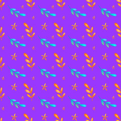 Digital bright colorful illustration seamless pattern of turquoise orange twigs with leaves on a purple background. Print for banners, posters, cards, invitations, fabrics, wrapping paper.