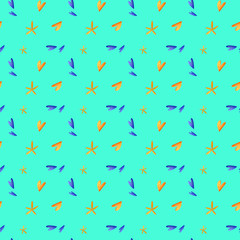 Fototapeta na wymiar Digital bright colorful illustration of a yellow-blue hearts seamless pattern on a turquoise background. Print for banners, posters, cards, invitations, fabrics, wrapping paper, web design.