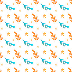 Digital bright colorful illustration seamless pattern of turquoise orange twigs with leaves on a white background. Print for banners, posters, cards, invitations, fabrics, wrapping paper.