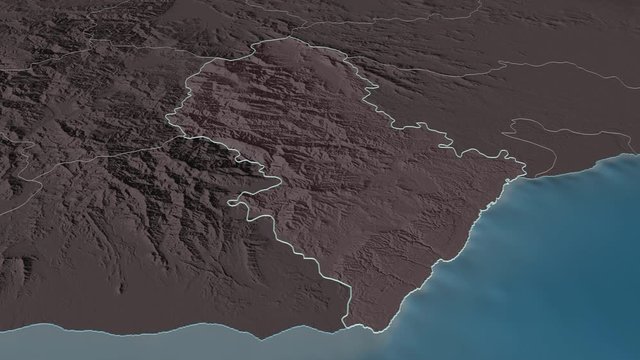 San Cristóbal, province with its capital, zoomed and extruded on the administrative map of Dominican Republic in the conformal Stereographic projection. Animation 3D