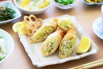 きゃべつと鶏ささみの春巻き　花れんこんチップス