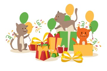 Funny cats and birthday present boxes, vector illustration. Cute kittens playing with holiday gift packages, surprise party celebration. Birthday card for cat lover, cartoon characters in simple style