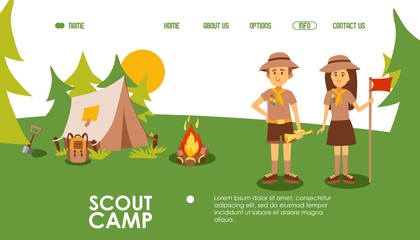 Scout camp website, vector illustration. Landing page template for summer camping, outdoor scene with tent, campfire and scout leaders. Friendly man and woman cartoon character. Fun activity in nature