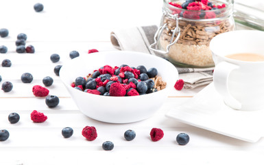 healthy breakfast with text space top view