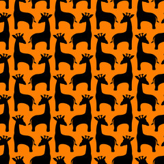 Seamless pattern of giraffe. Black silhouettes on orange background