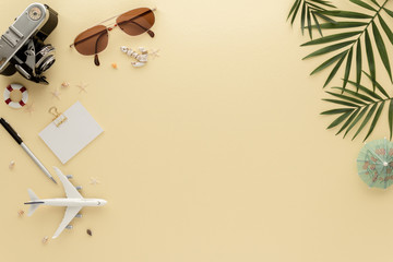 Holidays Travel. Palm leaf Hat sunglasses summer background with copy space for your text. Flat lay, top view.