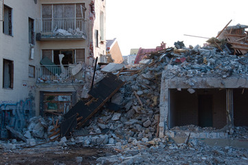 Dismantling a building.