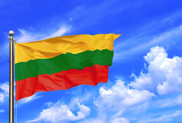 Lithuania Yellow Green Red Stripes National Flag Waving In The Wind On A Beautiful Summer Blue Sky
