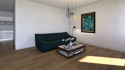Stylish living room with an elegant dark green sofa, small table with flowers and decorations. Picture on wall and stylish lights. Wooden floor. 