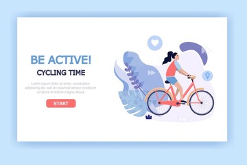 Healthy and active lifestyle illustration concept for web banners, landing pages, presentations, posters, advertising. Girl riding a bike on white background, vector flat style.