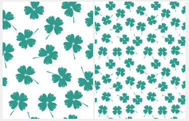 St Patrick Day Seamless Vector Patterns. Green Clover Isolated on a White Background. Simple Repeatable Design. Cute Irregular Pattern. Set of 2 Clovers Vrector Prints. Irish Symbol of Luck.