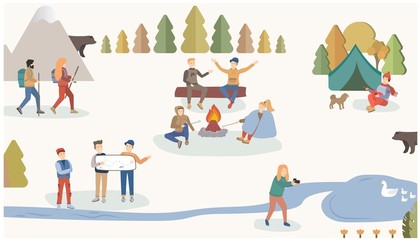 Tourists people or a tourist camp breaks up a tent, take pictures, look at the map, roast marshmallow, play the guitar for a dog. People travel and hiking. Cartoon flat vector illustration.