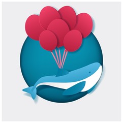 The whale is flying in a balloon in the sky in paper cut art style vector illustration.