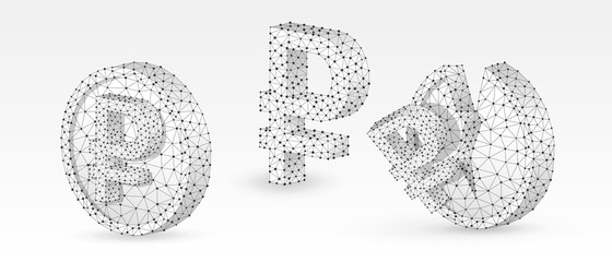 Set of Russian Ruble symbols. Concept of money growth and downtrend on blank and broken coins. Low poly, wireframe digital 3d vector illustration. Abstract, polygonal image on white origami background