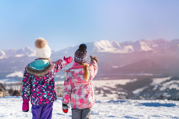 Back view of children standing on rural roadway in snow looking at mountain range in sunshine