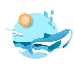 Whale in water, sea, around the sun and sky, cloud in paper cut art style vector illustration.