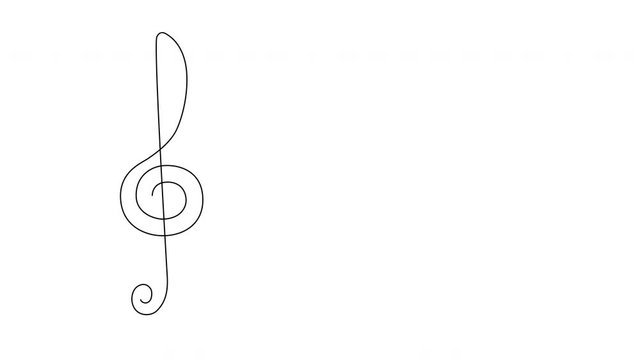 Self drawing sketch animation of music sign, treble violin clef. Copy space. Black background.