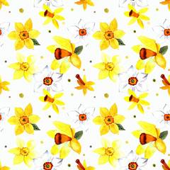 Seamless pattern with narcissus and leaves watercolor illustration on white background