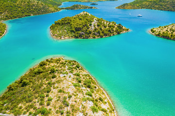 Croatia, beautiful Adriatic sea, small islands archipelago in nature park Telascica on the island of Dugi Otok, aerial seascape