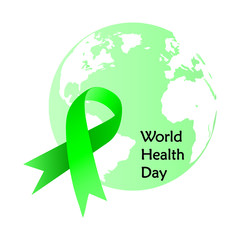 World Health Day concept design .Green ribbon on globe. Vector illustration