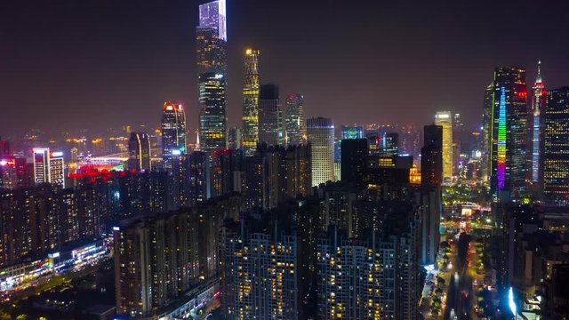 guangzhou city downtown traffic street night illumination aerial timelapse panorama 4k china
