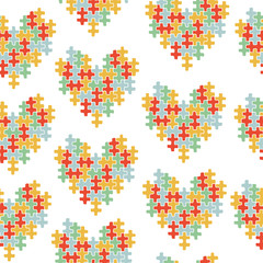 Seamless pattern for World Autism Awareness day. A colorful heart made of symbolic autism puzzle pieces.