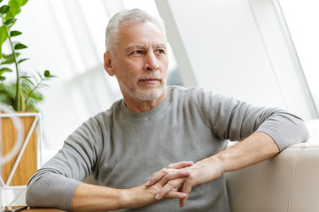 Senior grey-haired bearded businessman sit in cafe.