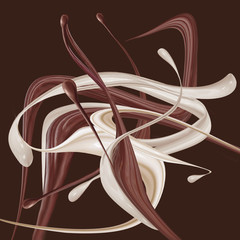 chocolat noir, lait, crème, entrelacé, moelleux, gouttes, sucré, dessert, luxe, douceur, lisse, mouvement, crémeux, spirale, illustration, nourriture