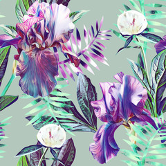 Iris and peony flower, seamless pattern.