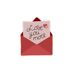 Lettering LOVE YOU MORE isolated on envelope with letter. Vector overlay template. Holiday illustration. Perfect for Valentine's Day, decorations, invitations, banners, labels, discounts.