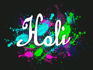 Happy Holi greeting card designed showing Indian traditional sweet and salty food, flowers and powder colours arranged over white background or clay. Selective focus