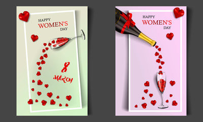 Happy Women's Day, modern vertical banner or postcard for your design, realistic bottle with a red bow and a glass filled with hearts on a pink and minty background with a frame, vector illustration
