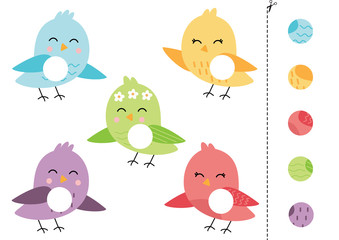 Cut and glue logical game for children. Colorful birds.