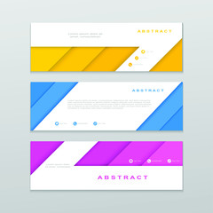 Fototapeta premium 3d vector abstract banner template. Horizontal web banner, modern dynamic design. Creative design of papercut style yellow, pink, blue colored banners on gray background. 