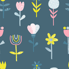 Abstract folk flowers vector seamless pattern. Doodle scribble, line and dot textured blooming plants background. Decorative Scandinavian floral multicolor backdrop.