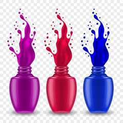 Set of realistic nail polish bottles with splashes on transparent background. Design element for cosmetic brand advertising poster