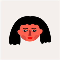Cartoon abstract face of young girl. Woman hand drawn portrait vector illustration.