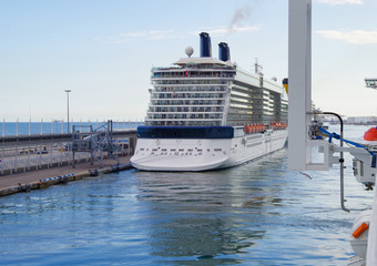 Modern Celebrity Crusies cruiseship or cruise ship liner Celebrity Reflection at pier in port of...