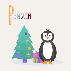 Colorful book alphabet. Book of animals. Penguin. Letter P