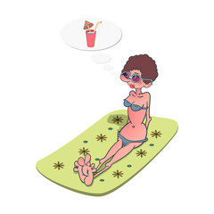 A cartoon woman in a bikini and in sunglasses sunbathes on a beach mat. Vector illustration.
