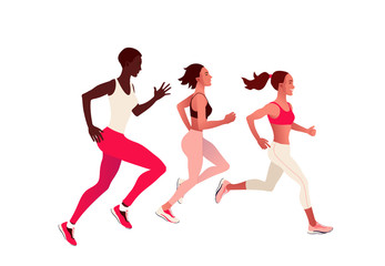 Fototapeta na wymiar Running multinational people. Men and women jogging or running marathon outdoor. Sports competition, workout or exercise, athletics. Active lifestyle. Flat colorful vector illustration.
