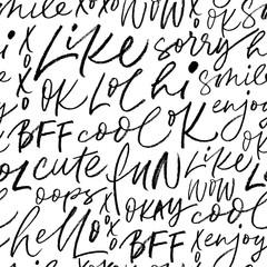 Short slang youth words vector seamless pattern. Vector hand drawn modern brush pen calligraphy.