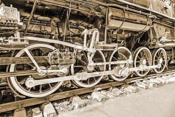 Vintage steam locomotive engine wheels and rods details
